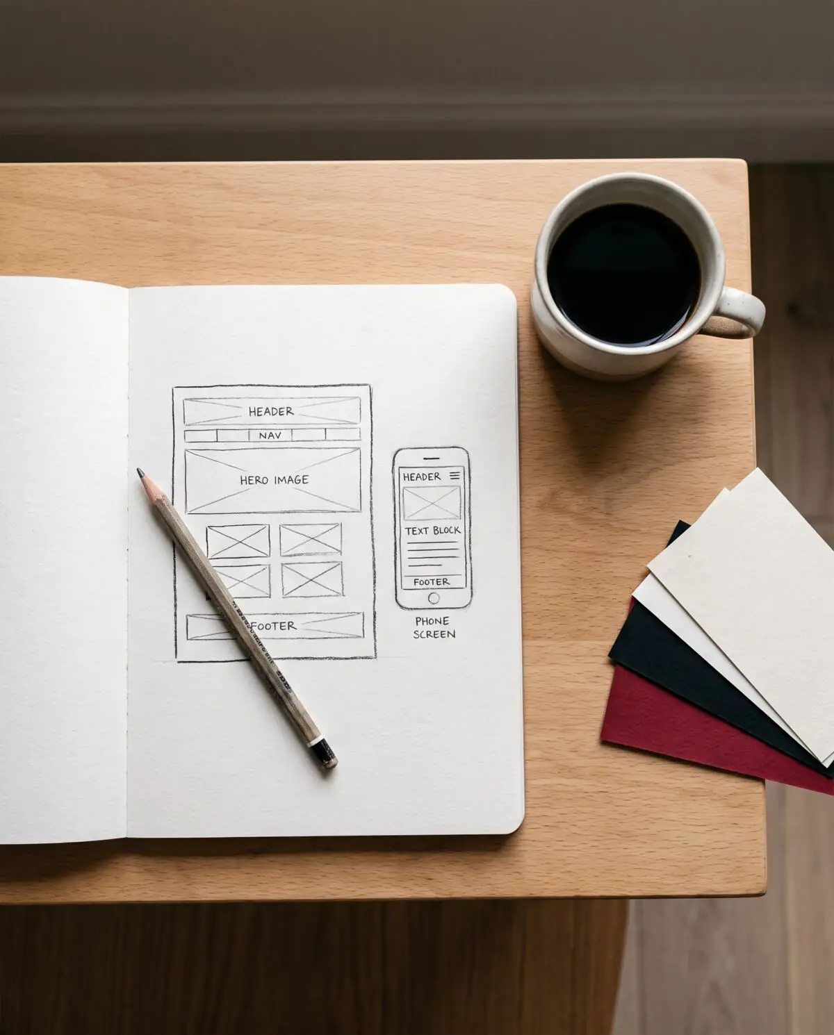 A sketchbook with hand-drawn website wireframes, a pencil, a cup of coffee and colour swatches on a wooden desk
